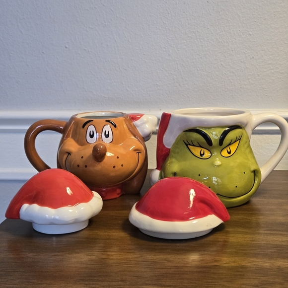 Grinch & Max Ceramic Holiday Mugs w/ Santa Hat Lids – 23 oz – Dr. Seuss Set of 2 - Picture 5 of 16